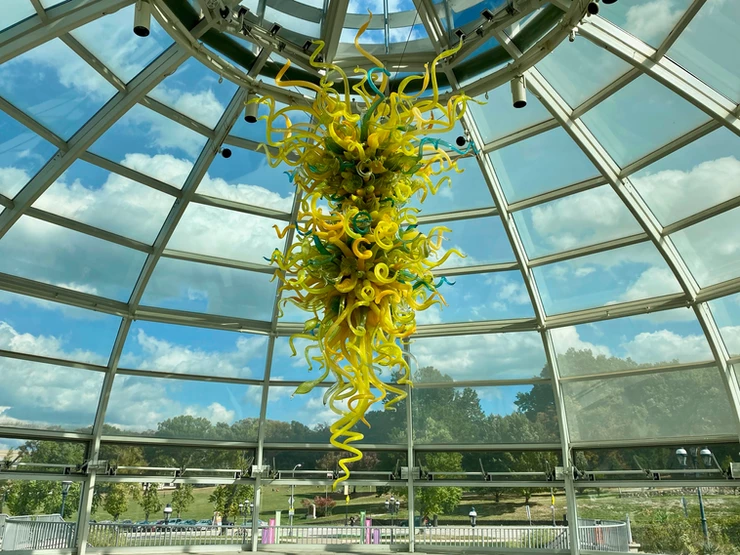 the Chihuly glass chandelier in the lobby of Phipps --  -- Goldenrod, Teal and Citron Chandelier