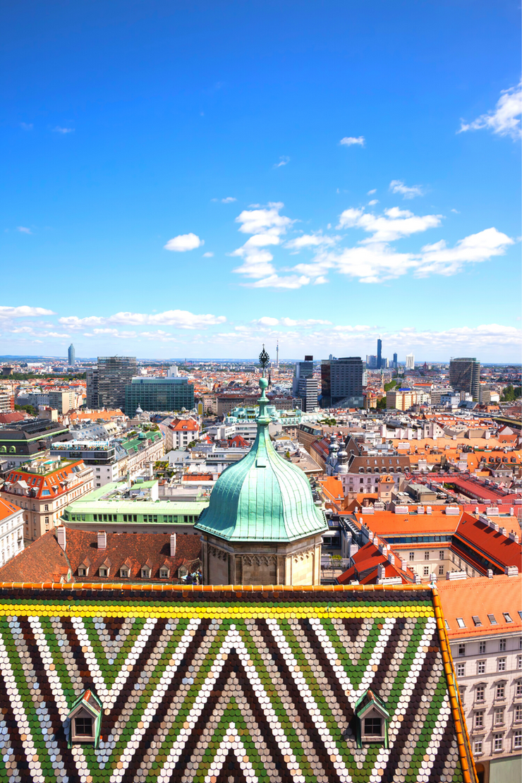 the colorful tiled roof and view from St. Stephen's Cathedral in Vienna