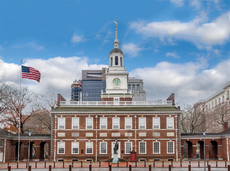 Independence Hall, with a statue of George Washington
