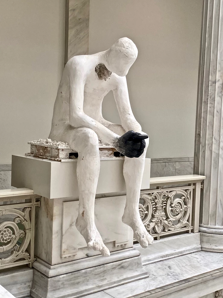 Nicole Eisenman, Prince of Swords, 2013 -- a lone contemporary sculpture in the Hall of Sculpture