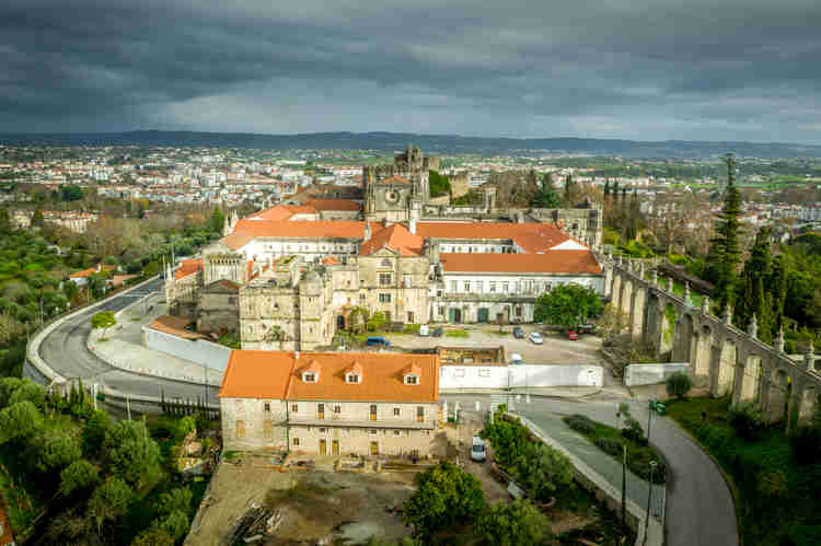 Aerial view of Tomar Convent of Christ and aqueduct near the Templar castle in Portuga