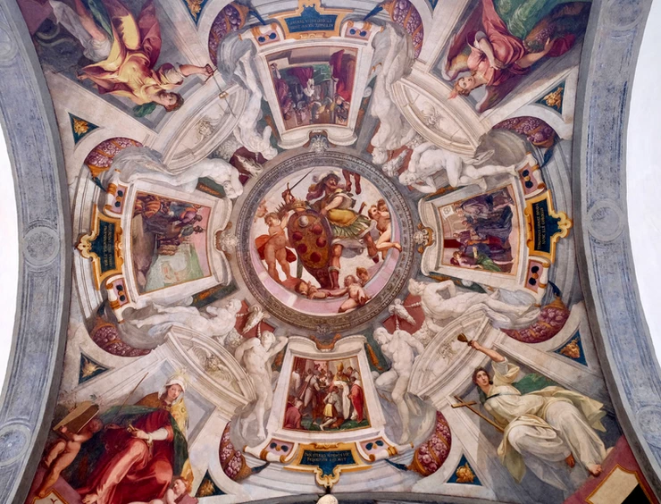 Mars holds the Medici coat of arms between putti. Fresco by Bernardino Poccetti 