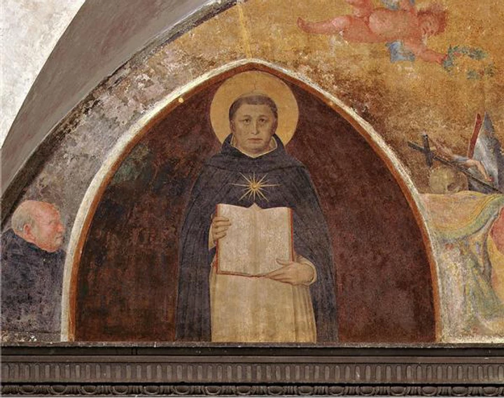 Fra Angelico's lunette fresco of St. Thomas Aquinas with his Summa Theologiae 