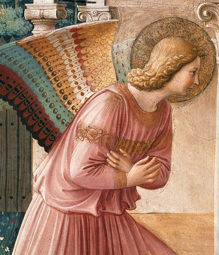 detail of the angel Gabriel ands remarkable wings in the Annunciation