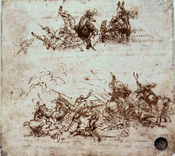 Leonardo da Vinci, Study of Battles on Horseback and Foot, 1503-04 -- in Venice's Academia Gallery
