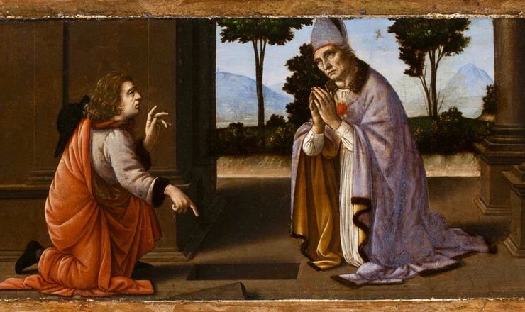 Miracle of Saint Donatus of Arezzo, 1479-85 -- the figure of Saint Donatus on the right is attributed to Leonardo, the other figure to his pupil di Credi