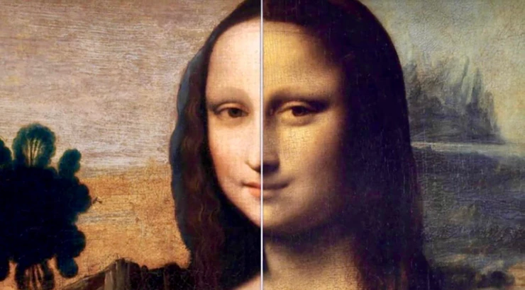 comparison of the Isleworth Mona Lisa (left) and the Louvre's Mona Lisa (right
