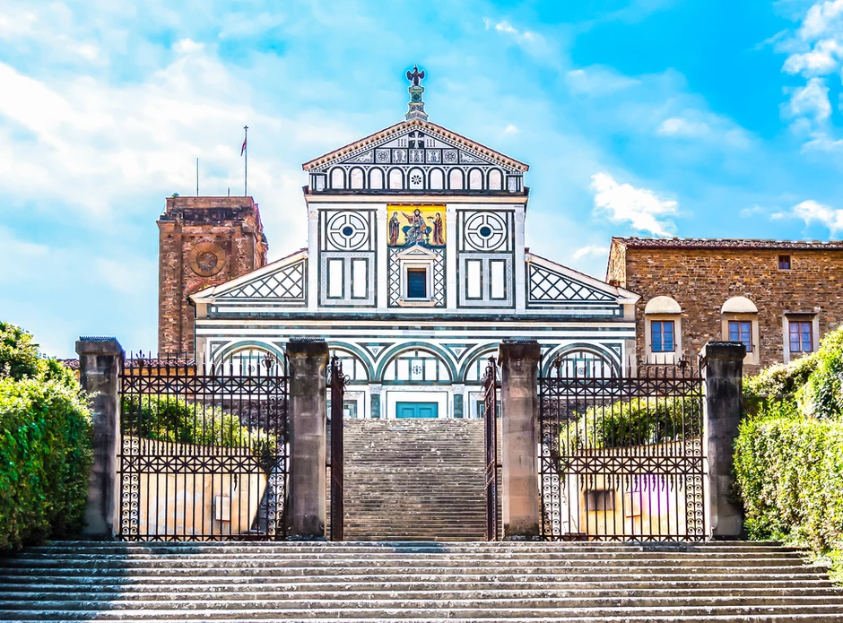 the marble facade of the beautiful Romanesque Church San Miniato al Monte, a top attraction in the Oltrarno