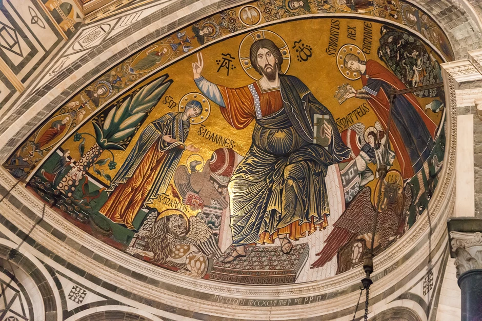 The apse mosaic depicting Saint Minias to the right of Christ holding a crown