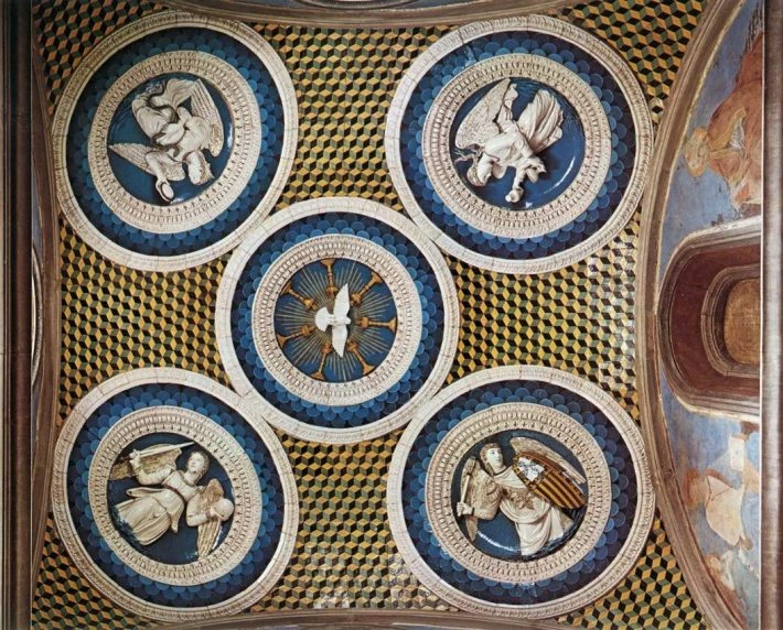 Ceiling decoration of the burial chapel of the Cardinal of Portugal, painted and glazed terracotta, by Luca della Robbia and workshop, 1461-1462