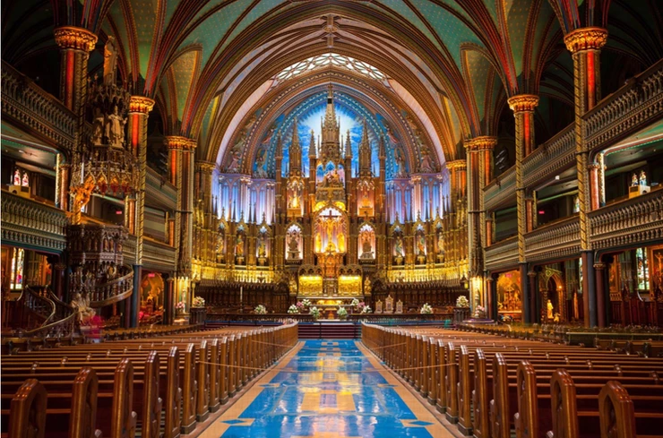 the colorful interior of Notre-Dame Basilica