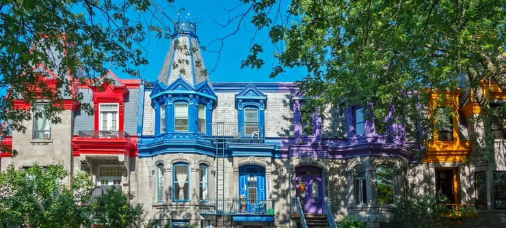 Panorama of colorful Victorian houses in Le Plateau Mont Royal