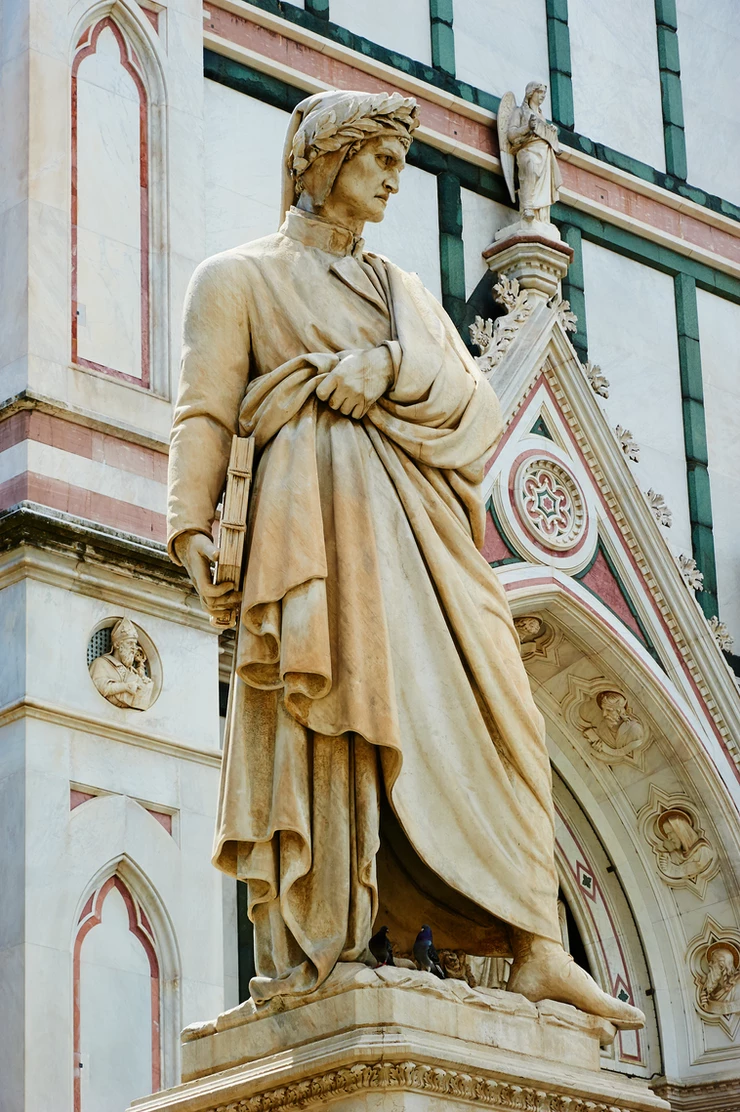Dante statue against the facade of the Basilica of Santa Croce