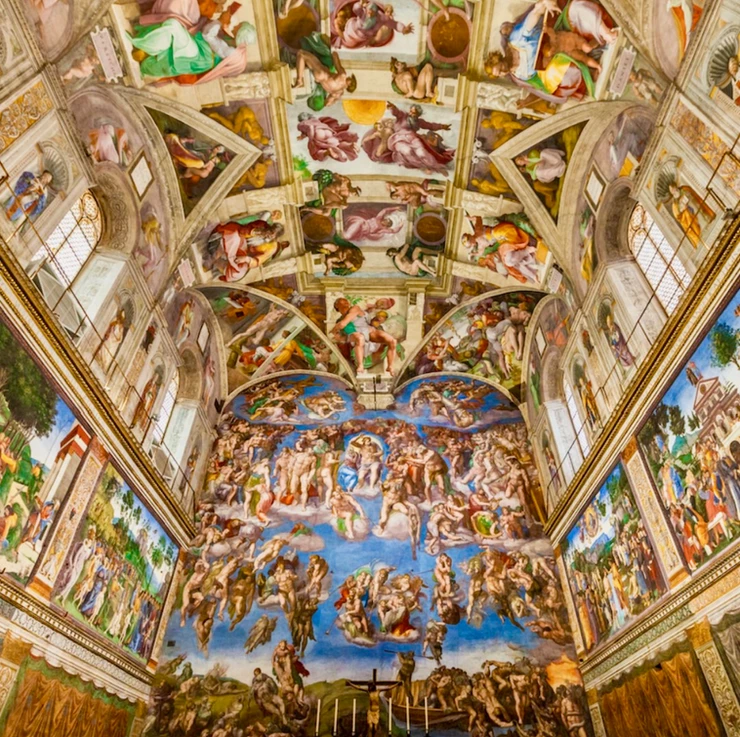 the Sistine Chapel ceiling with Michelangelo's The Last Judgment on the altar wall