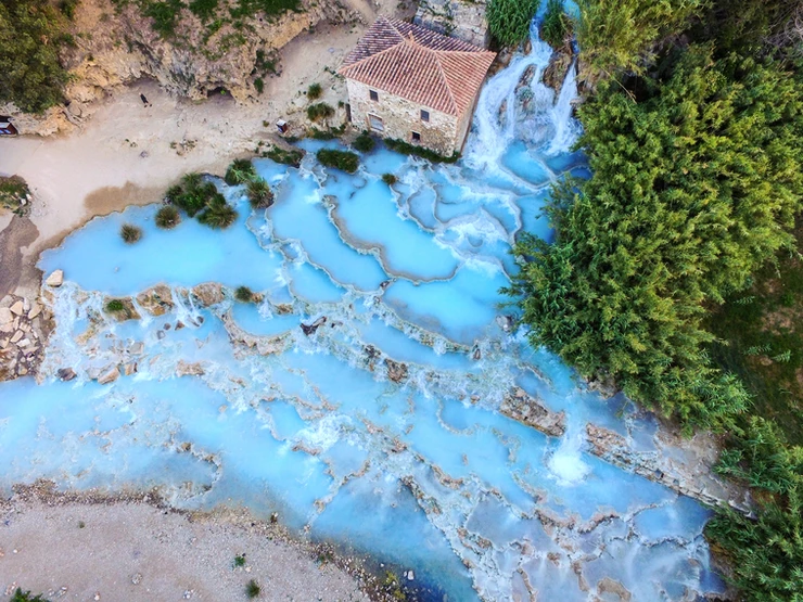 aerial view on the Natural thermal waterfalls at Saturnia