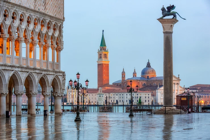 Piazza San Marco in Venice, with the column of the winged lion of Venice