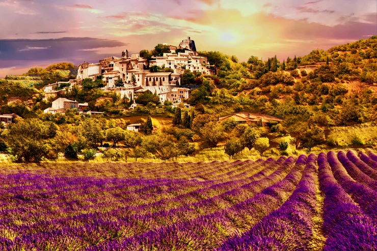 beautiful old town of Simiane la Rotonde with a lavender field