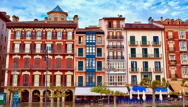 colorful houses on the main square of Pamplona