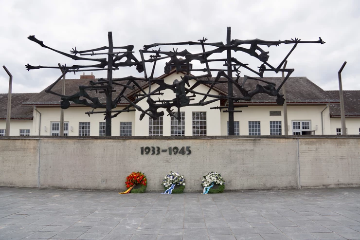 memorial sculpture and wall at Dachau Concentration Camp