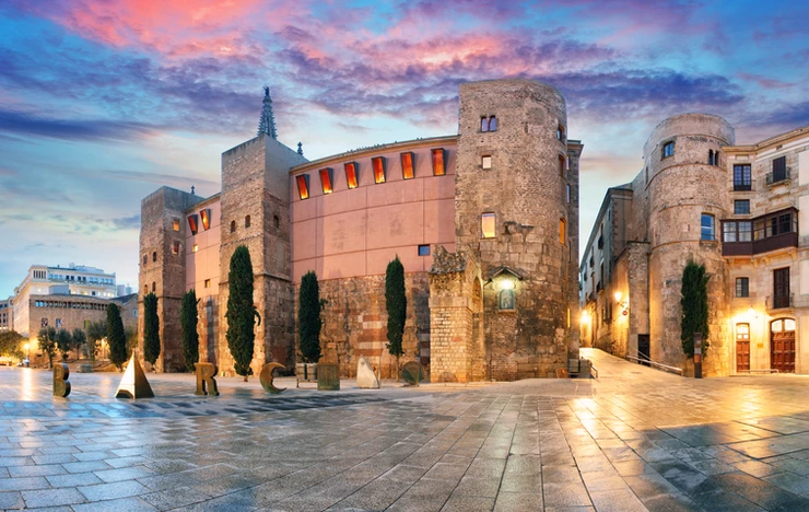 Panorama of Ancient Roman Gate and Placa Nova in the Gothic Quarter
