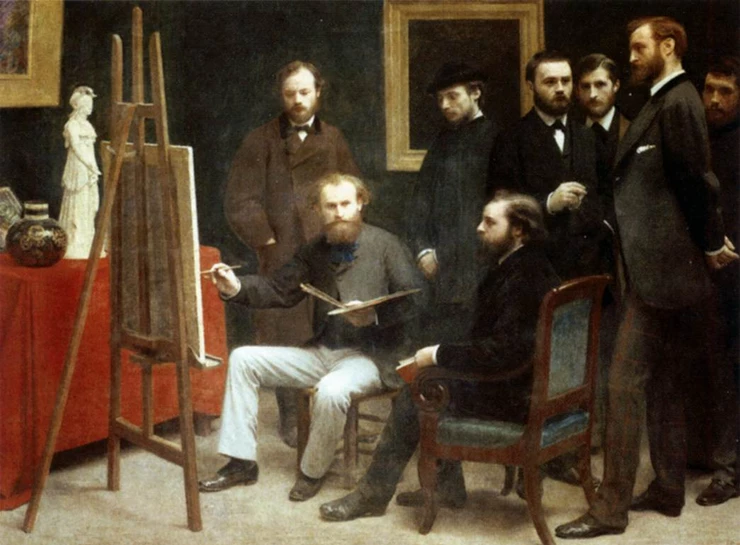 Fantin-Latour, A Studio in the Batignolles Quarter, 1870 -- Monet paints while other Impressionists watch
