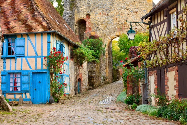 cobbled street and half timbered homes in Gerberoy France