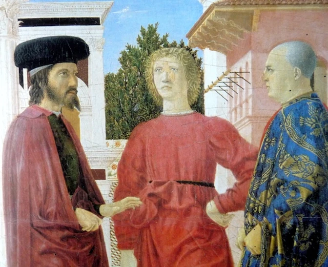 three men in foreground (detail), Piero della Francesca, Flagellation of Christ