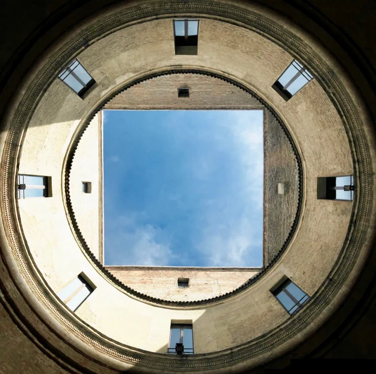 view from the center courtyard in Casa Mantegna, a top attraction in Mantua
