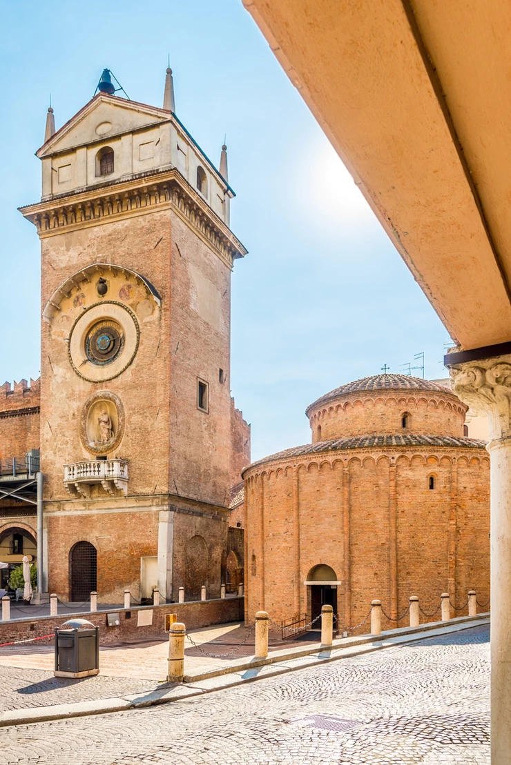 the clock tower and rotunda on Piazza Erbe in Mantua