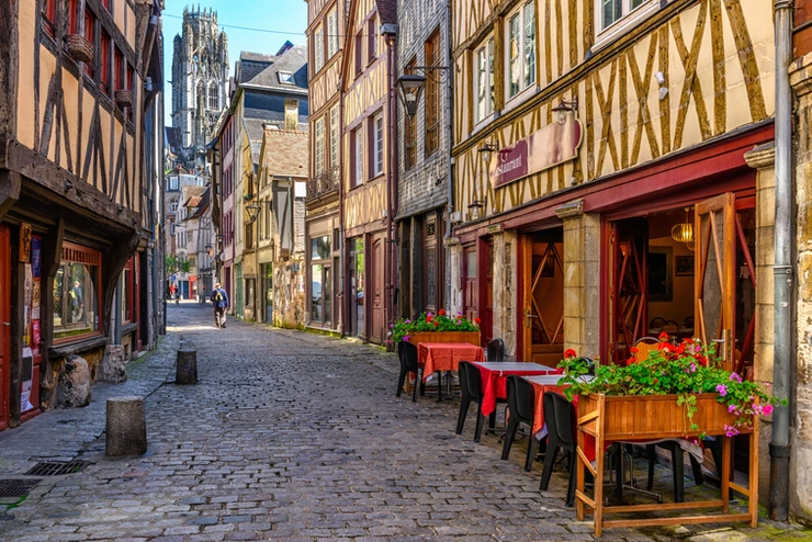 a cozy street in Rouen with beautiful half timber architecture