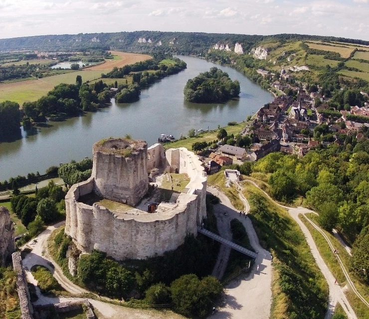 aerial view of inner bailey of Chateau Gaillard, a historic ruin in Normandy