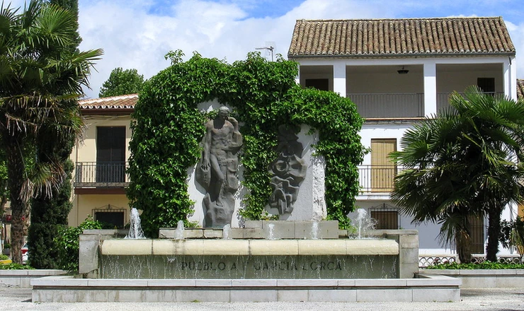 A fountain dedicated to Federico García Lorca in the main square of his birthplace, Fuente Vaqueros, Andalucía, Spain