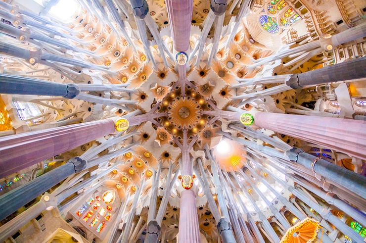 the beautiful forest-like nave of Sagrada Família in Barcelona