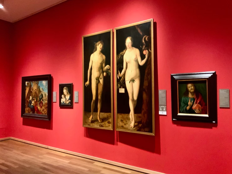 replica of Durer's famous Adam and Eve portrait in the Durer Gallery