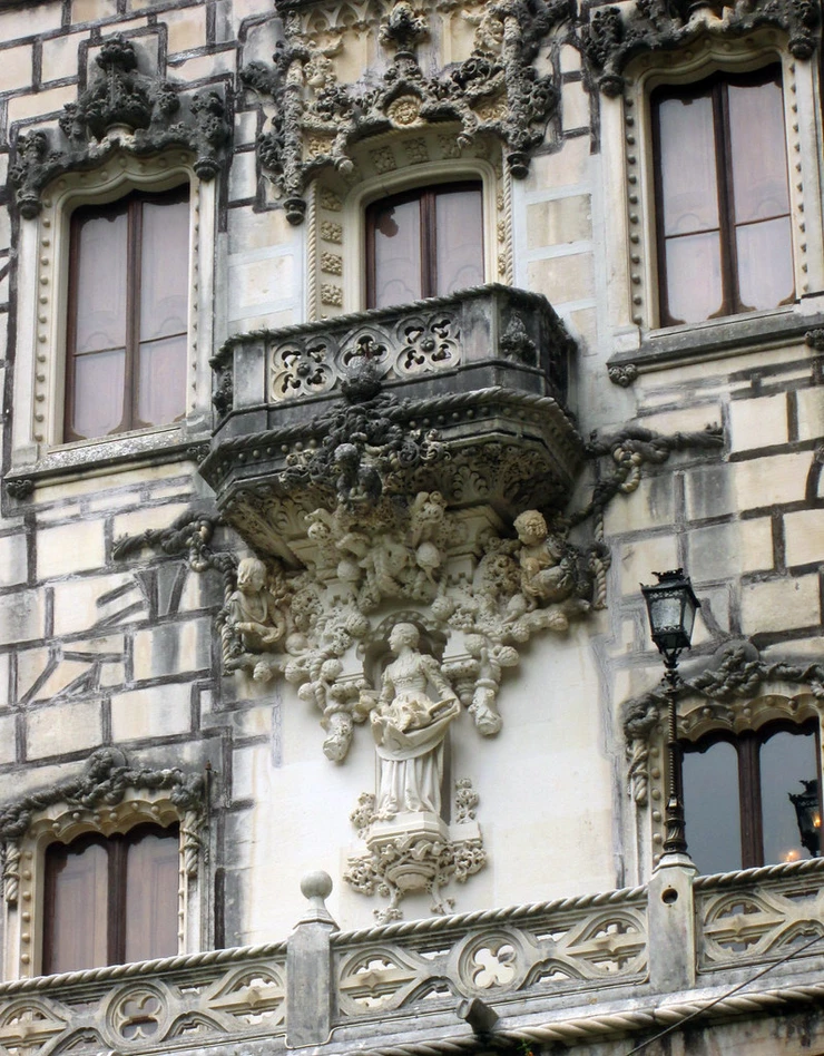 detail on the facade of the Palace of Quinta da Regaleira in Sintra Portugal