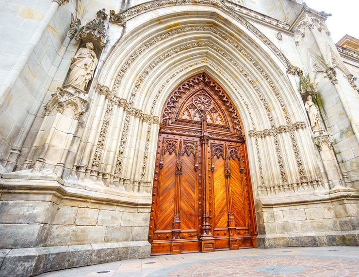 ornate doorway of the 14th century Santiago Cathedral in old town Bilbao