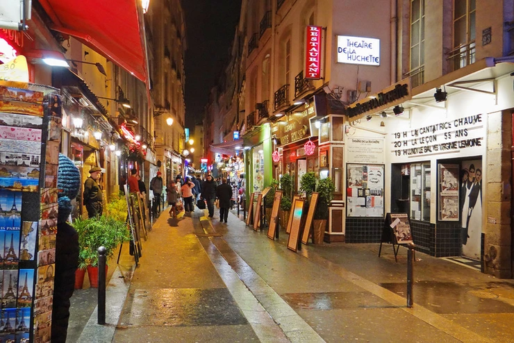 the gaudy Rue de la Huchette in Paris