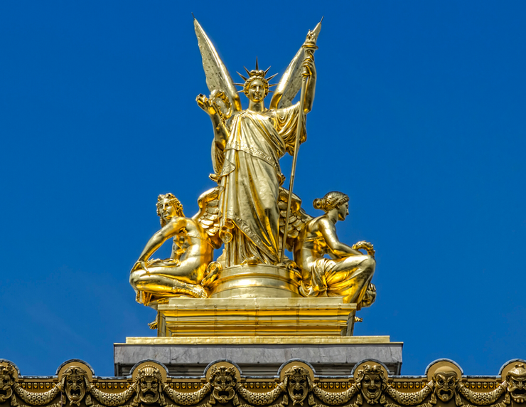 the statue of Poetry on the facade of the Paris Opera