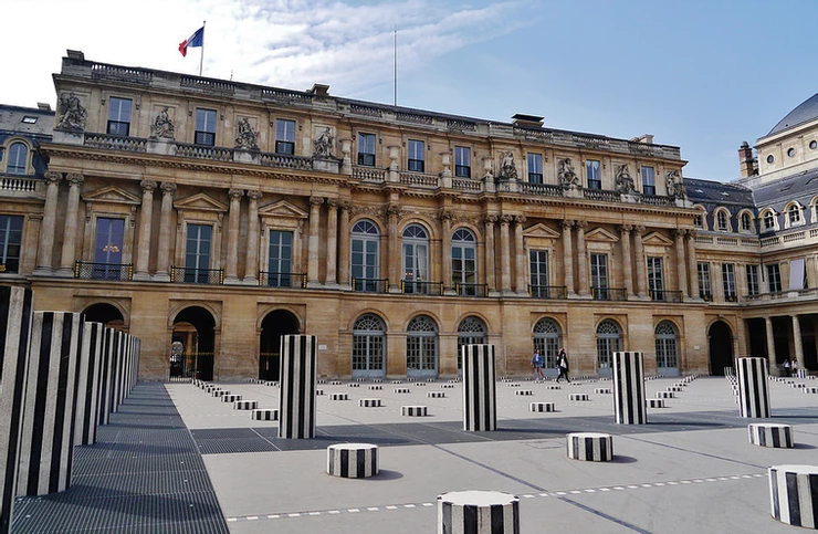 the 17th century Palais-Royal decorated with Daniel Buren's 1985-86 art installation, the Colonnes de Buren