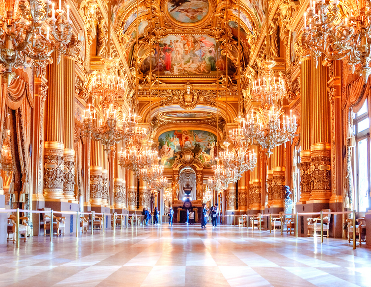 the Grand Foyer, similar to the Hall of Mirrors in Versailles