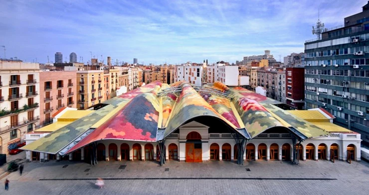 colorful mosaic roof of Santa Caterina market