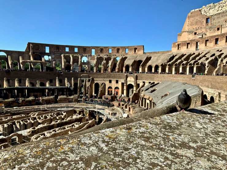 view of the seats and arena floor in the Colosseum in Rome