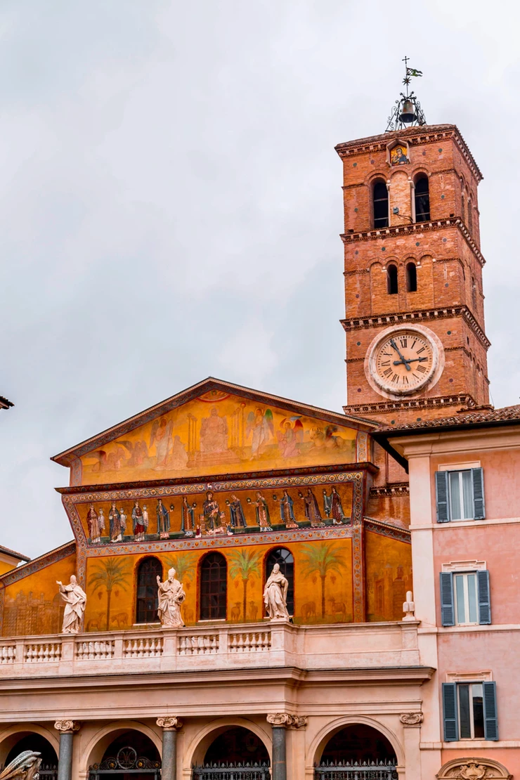 the frescoed facade of Santa Maria in Trastevere
