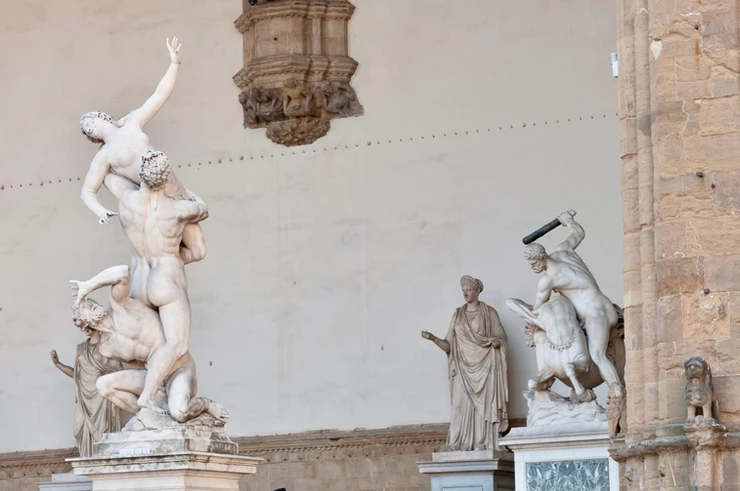 On the left, Giambologna's Rape of the Sabine Women. On the right, his statue of Hercules and the Centaur Nessus