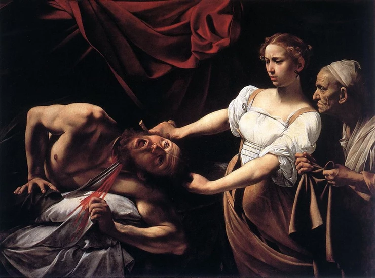 Caravaggio's version of Judith and Holofernes, which was considered shocking at the time. Artemisia's version takes it up a notch.
