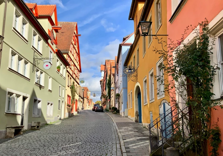 pretty side street in Rothenburg ob der Tauber in Bavaria Germany
