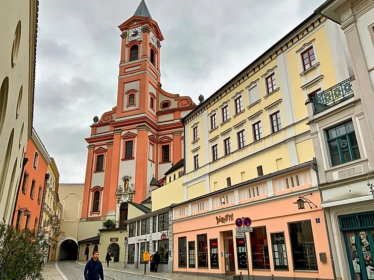 the 17th century parish church, St. Paul Church, in Passau -- so pretty in pink and cream colors