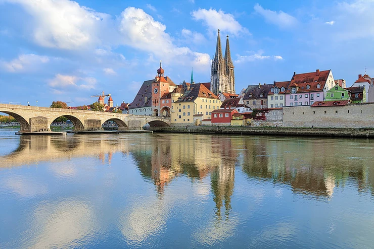 the Stone Bridge and old town of Regensburg, one of the most beautiful towns in Germany