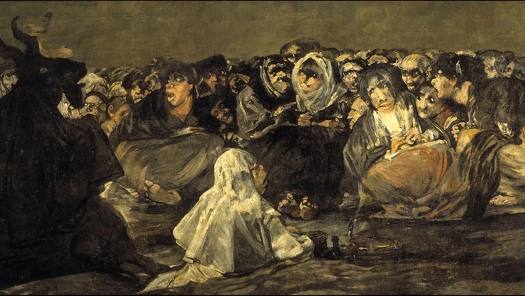 Goya, The Witches' Sabbath, 1819-1823 -- Satan, with the head of a male goat, lingers over a huddle of terrified witches