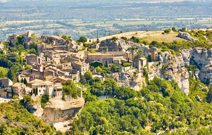 aerial view of Les Baux and the castle ruins